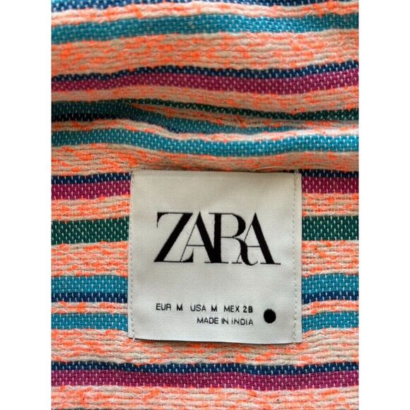 ZARA Open Front Jacket Overshirt M Textured Multicolor Striped Embroidered Boho - Picture 11 of 12